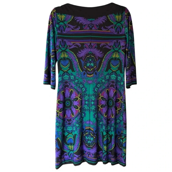 DONNA MORGAN NWOT 3/4 SLEEVE GEOMETRIC PRINT DRESS BLACK AQUA PURPLE | SIZE: 6 - Picture 7 of 8